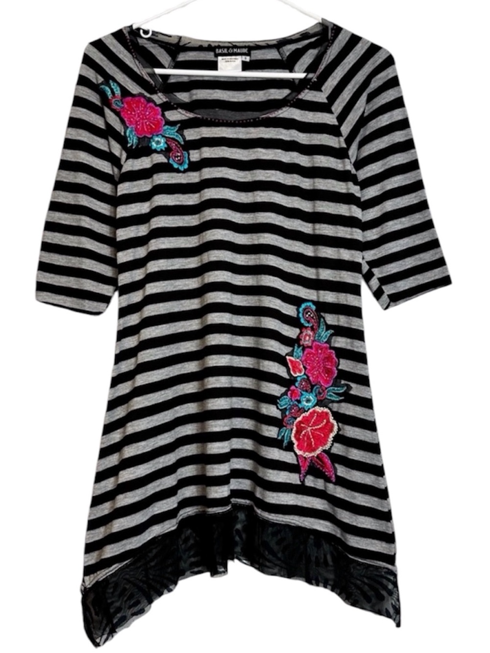 Vintage Basil & Maude Y2K Emo Striped Embroidered Floral Beaded Top